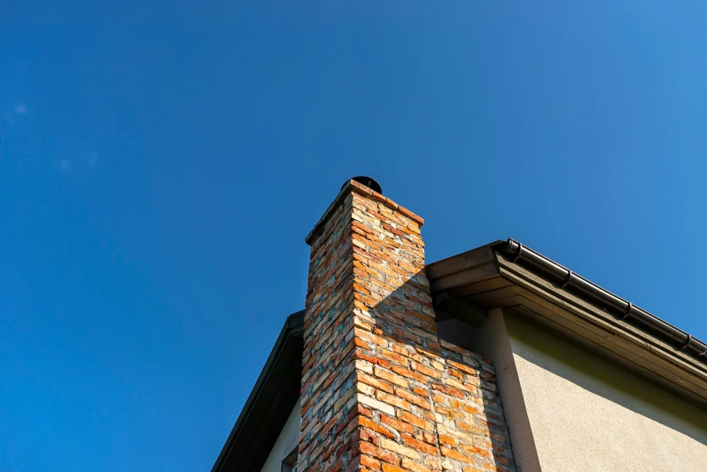 A tall red brick chimney extends from the roof of a white house against a clear blue sky, casting distinct shadows and suggesting a peaceful, sunny day.